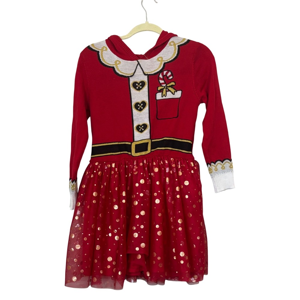 Well Worn Holiday Sweater Dress Santa Gold Dots Hooded Girls Size L‎